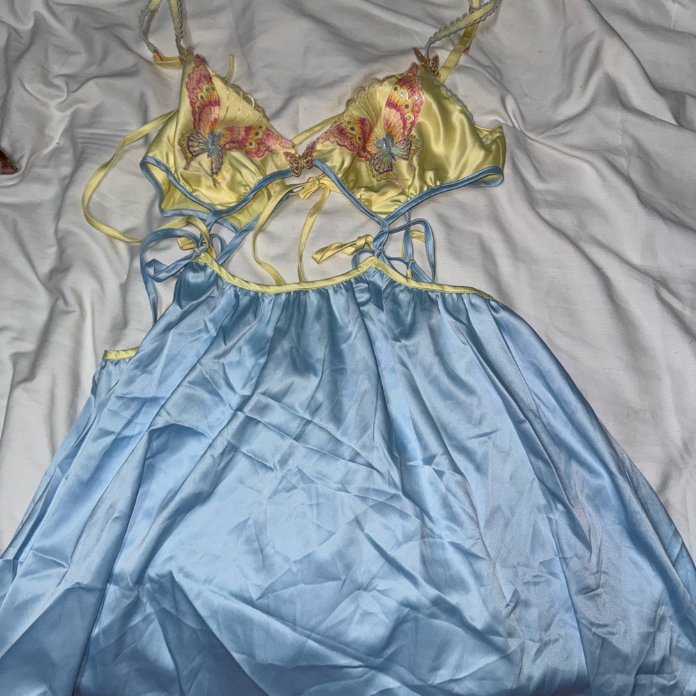 For Love & Lemons Pastel Yellow and Light Blue Mini Dress - Picture 2 of 11